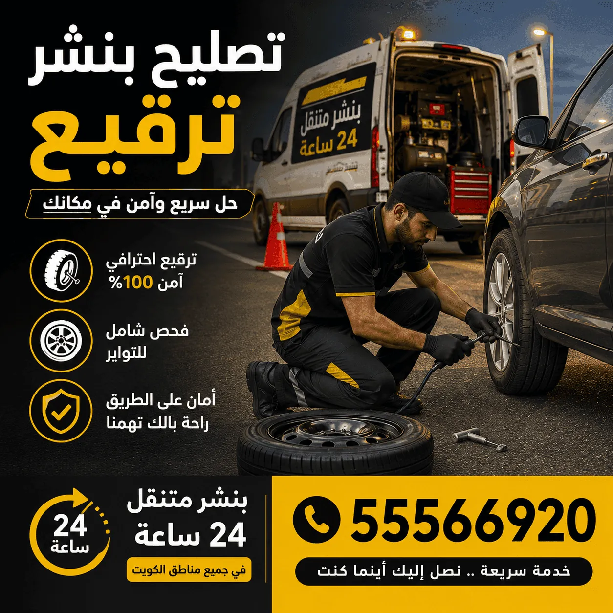 تصليح بنشر وترقيع تواير السيارات في الموقع بالكويت