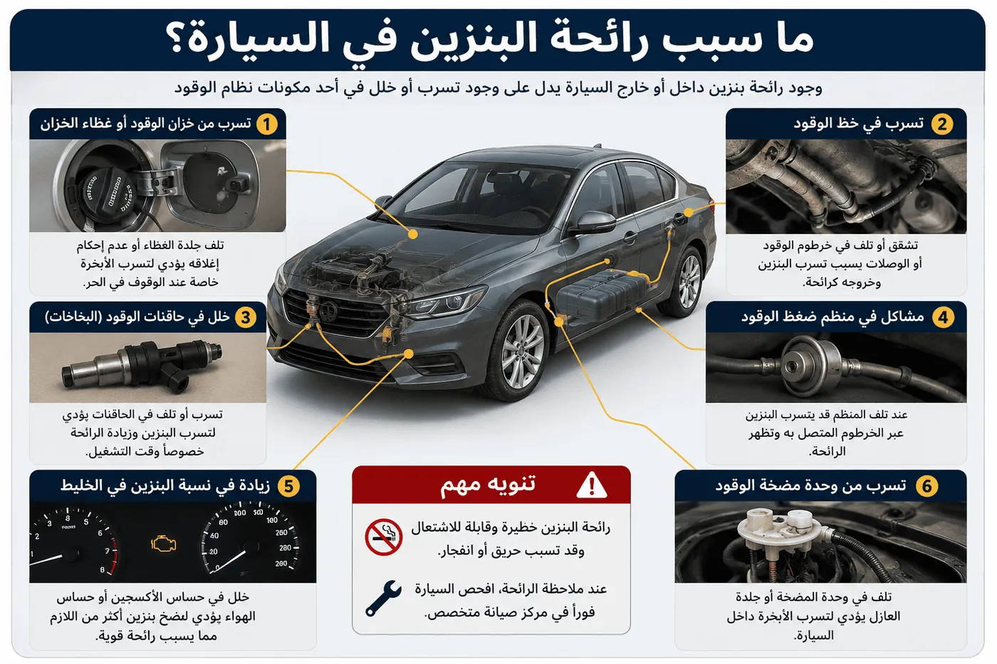 ما سبب رائحة البنزين في السيارة وكيفية فحص التسرب