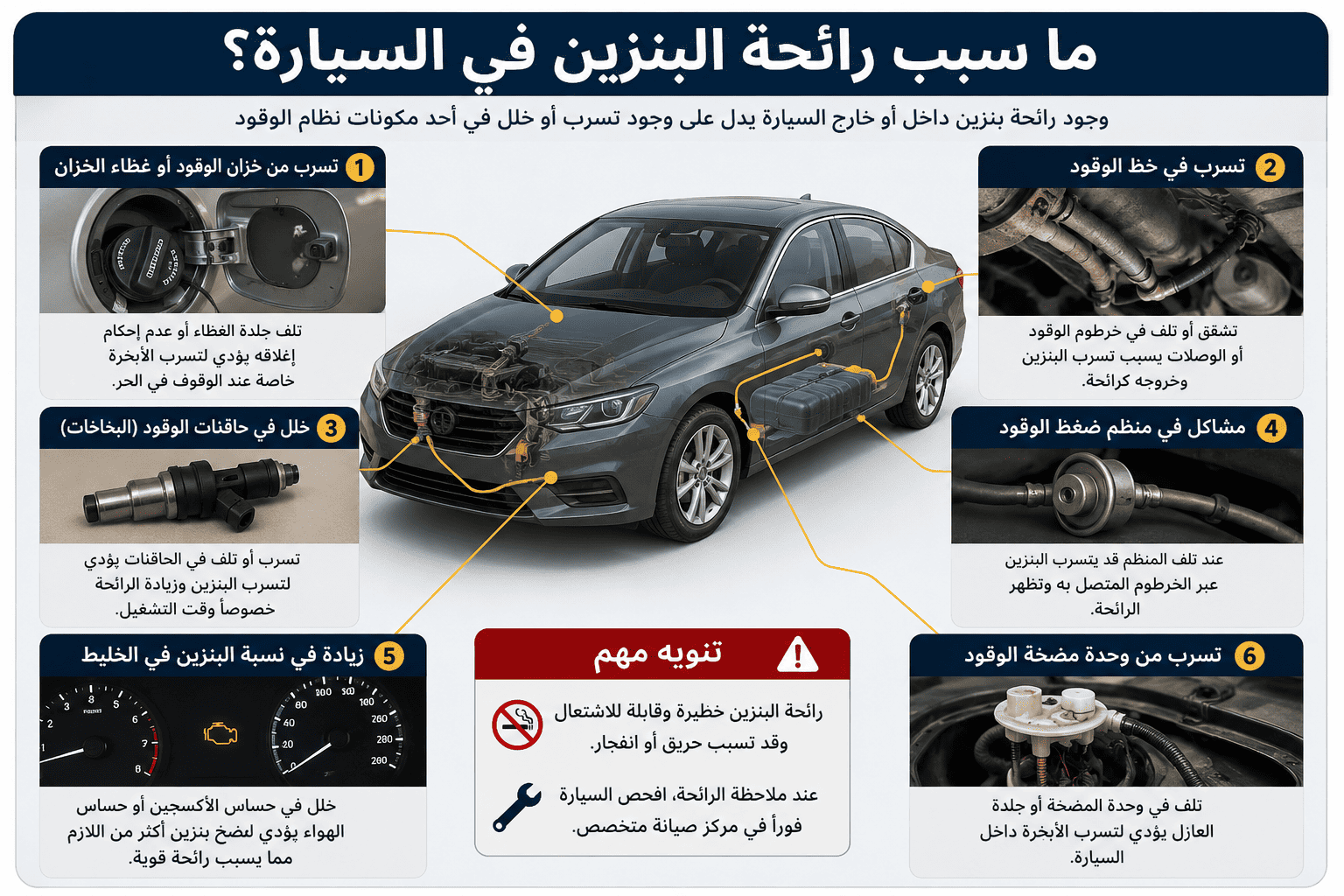 ما سبب رائحة البنزين في السيارة وكيفية فحص التسرب