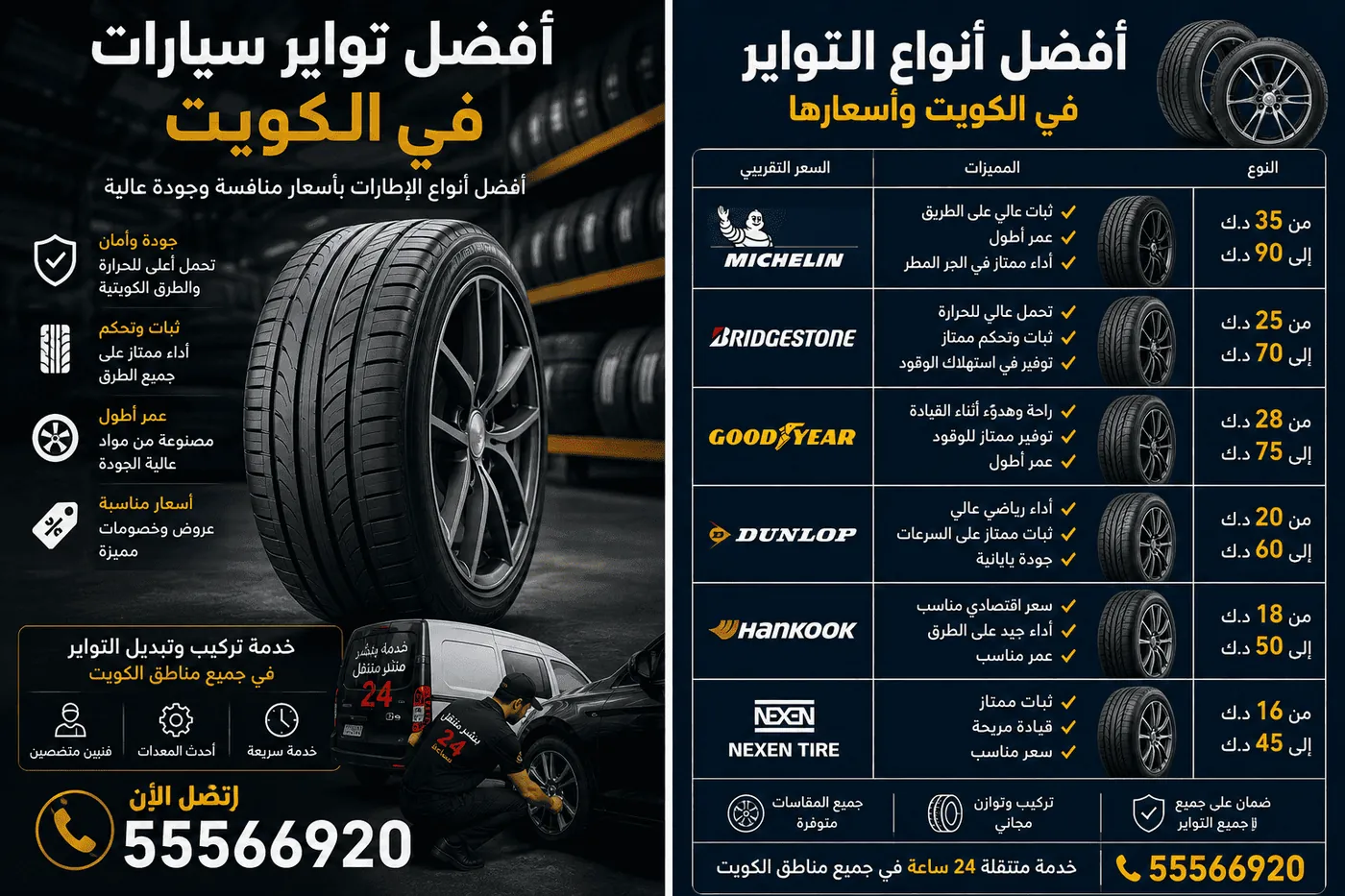 أفضل تواير سيارات في الكويت وتبديل الإطارات المتنقل 24 ساعة