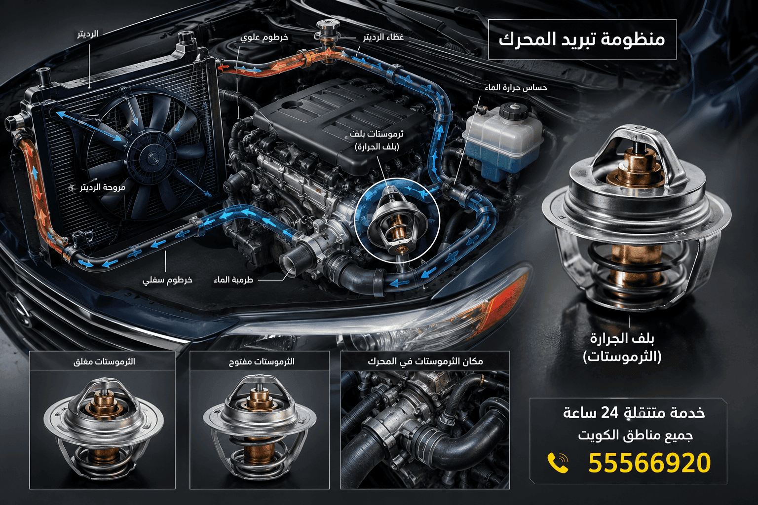 تصليح بلف الحرارة الثرموستات السيارة الكويت - فحص وتبديل متنقل 24 ساعة