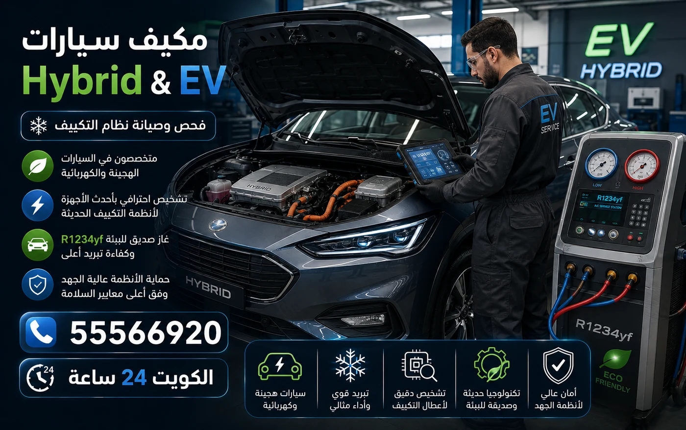 حجرة محرك سيارة هجينة مفتوحة تظهر فيها مكوّنات نظام التكييف بالضاغط الكهربائي أثناء الفحص