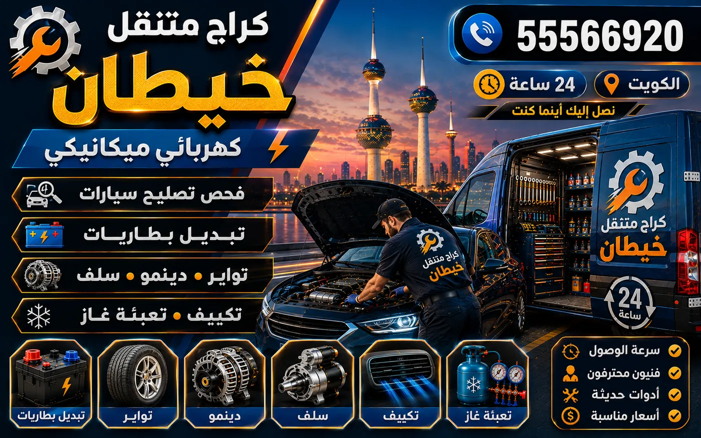 كراج متنقل خيطان 55566920 — فحص نظام الوقود والبخاخات وقياس ضغط الوقود 24 ساعة الكويت