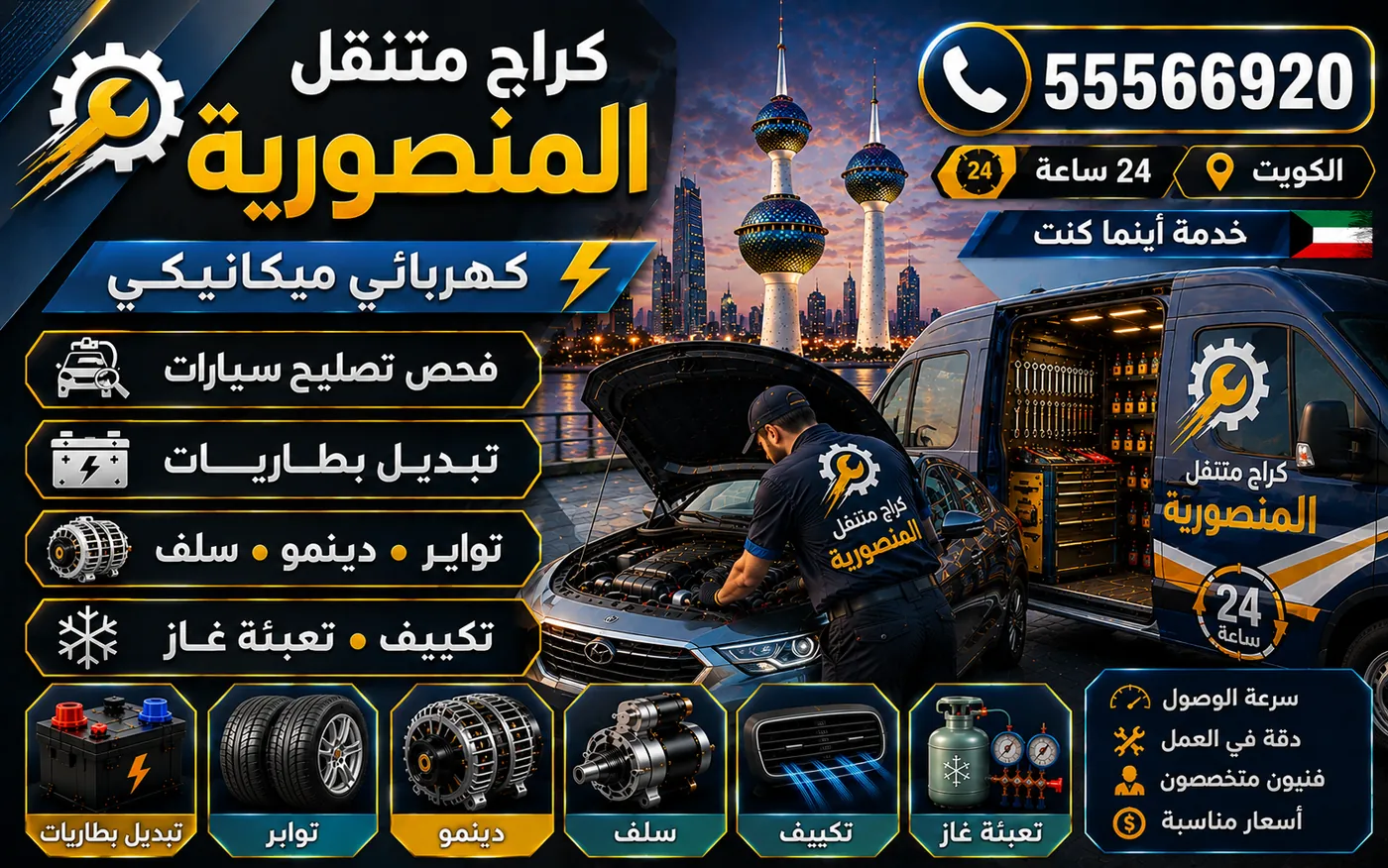 كراج متنقل المنصورية 55566920 — كشف تسريبات الزيت وتحديد مواضعها 24 ساعة الكويت