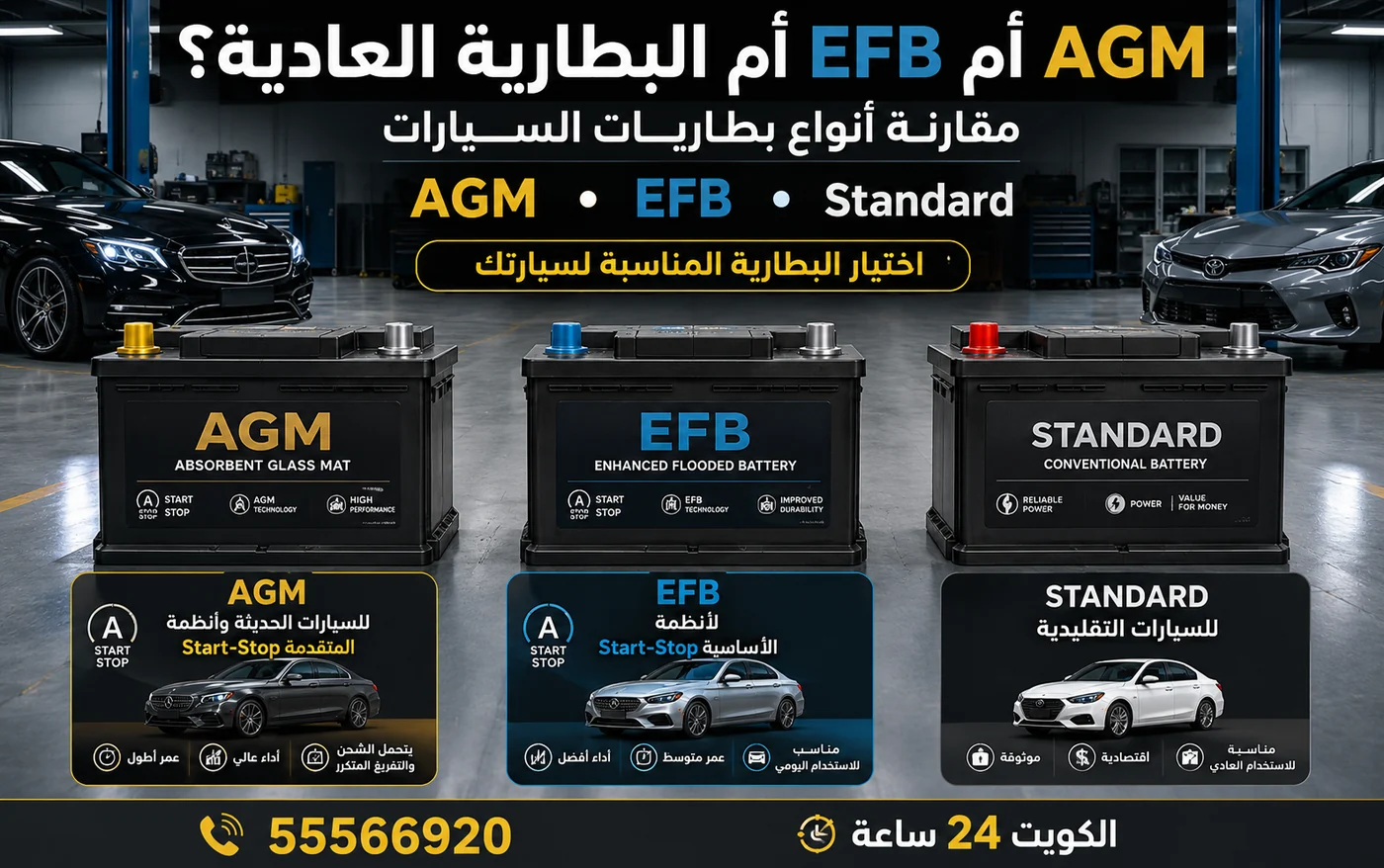 مقارنة بطاريات AGM و EFB والبطارية العادية للسيارات في الكويت