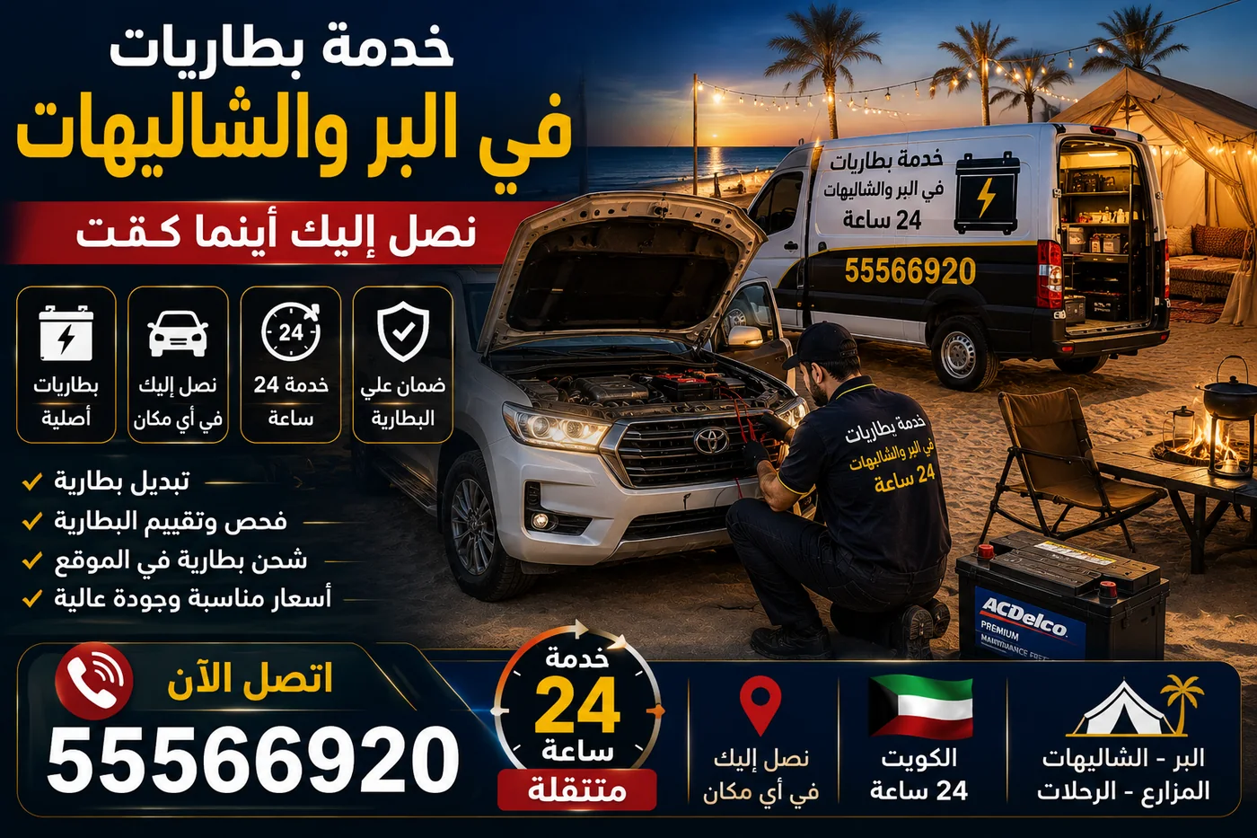 خدمة بطاريات السيارات في البر والمخيمات والشاليهات بالكويت