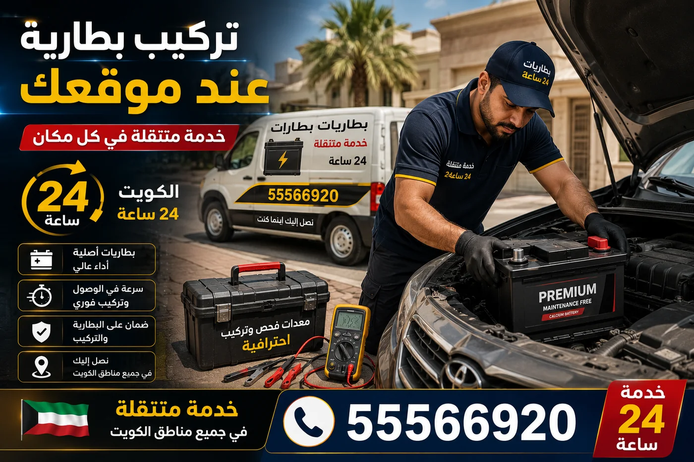 تركيب بطارية سيارة في موقع العميل بالكويت 24 ساعة