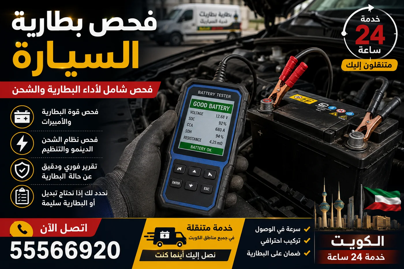 فحص بطارية السيارة بجهاز اختبار في موقع العميل بالكويت