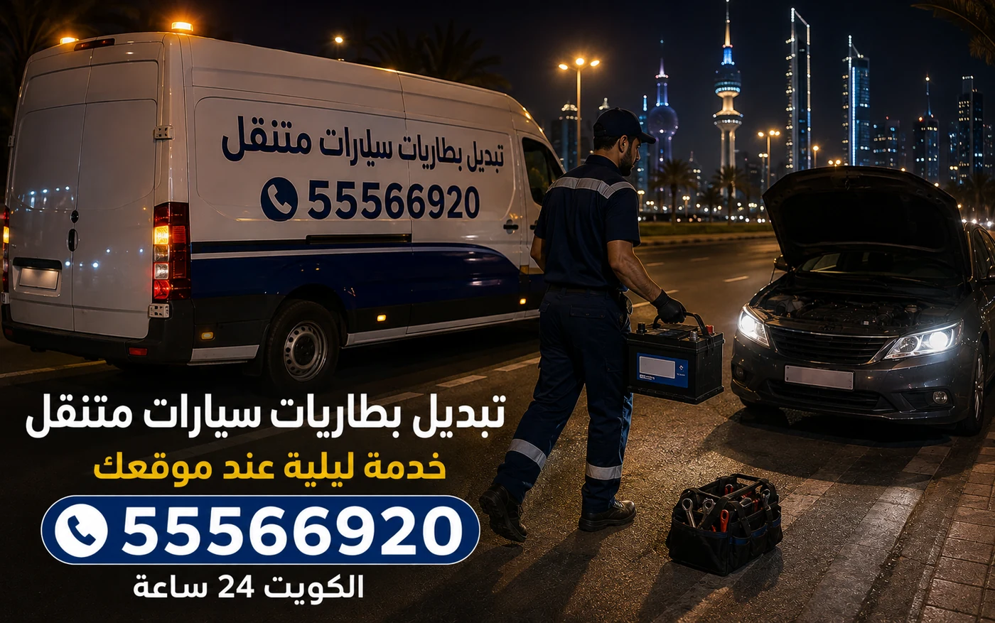 خدمة تبديل بطاريات ليلية في العدان على مدار الساعة