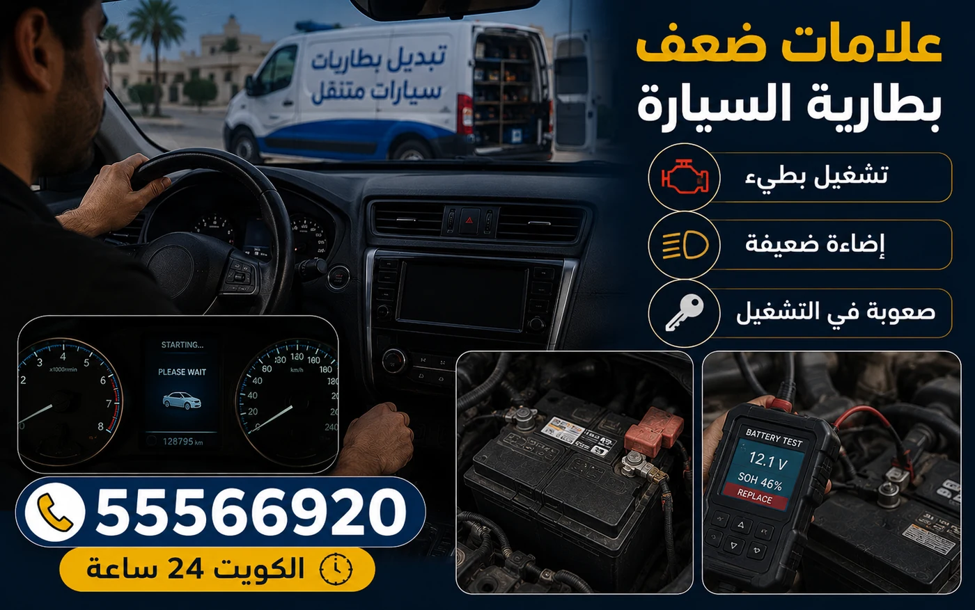 سائق في الكويت يدير مفتاح سيارة وبطاريتها ضعيفة ولوحة العدادات خافتة