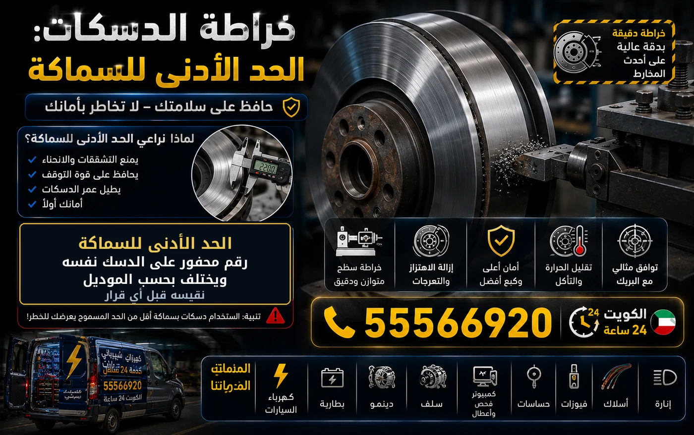 قرص فرامل مثبّت على مخرطة في الورشة أثناء خراطة سطحه، مع مقياس سماكة رقمي يعرض القراءة