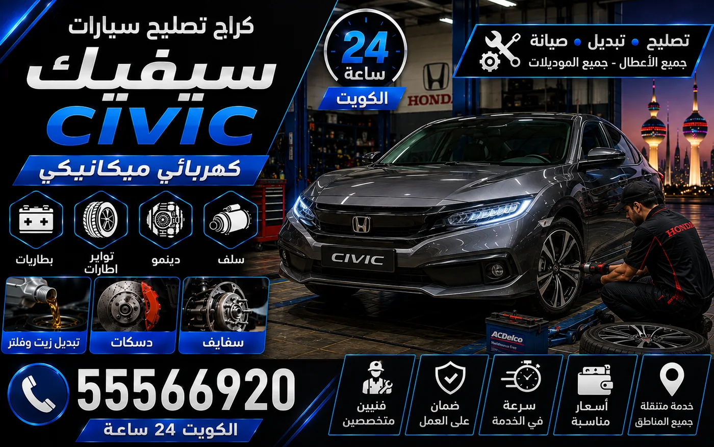 كراج متنقل سيفيك Civic في الكويت يصل إلى موقعك 24 ساعة