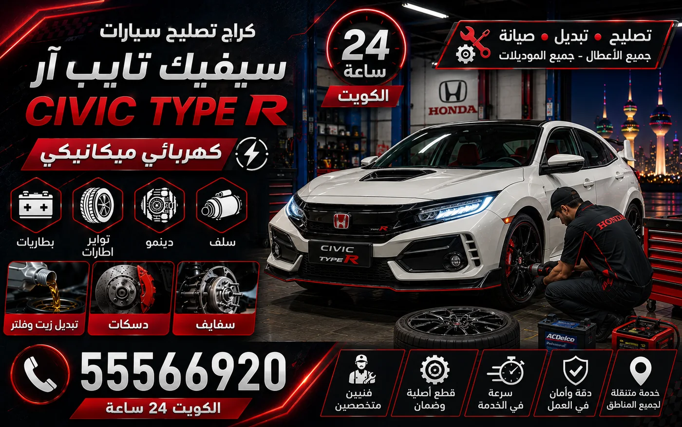 كراج متنقل سيفيك تايب آر Civic Type R في الكويت يصل إلى موقعك 24 ساعة