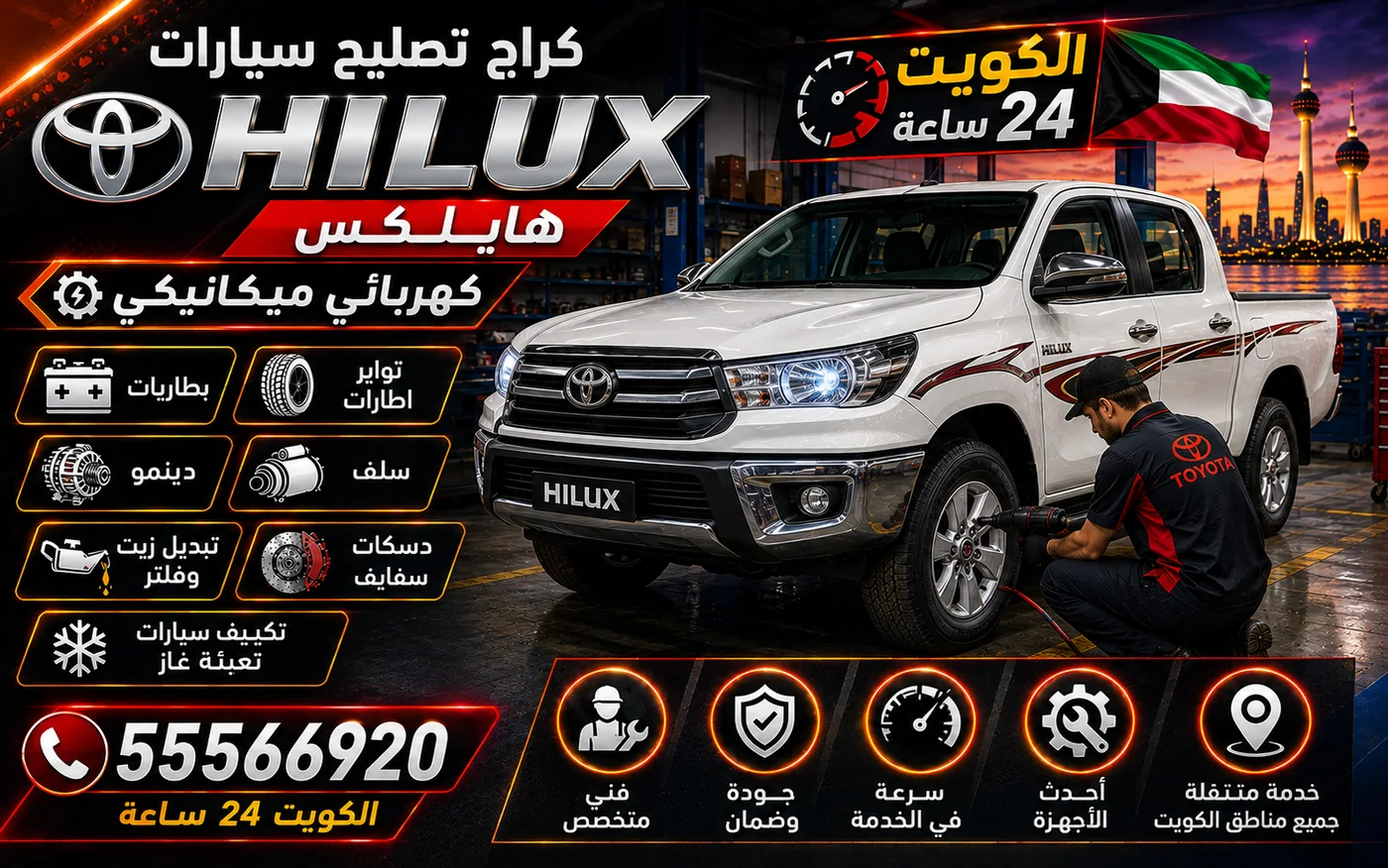 كراج متنقل هايلكس Hilux في الكويت يصل إلى موقعك 24 ساعة