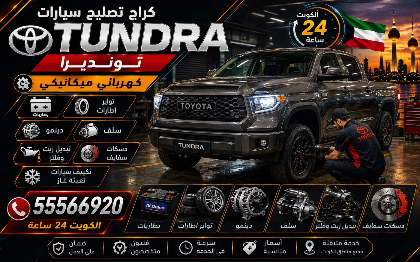 كراج متنقل تندرا Tundra في الكويت يصل إلى موقعك 24 ساعة