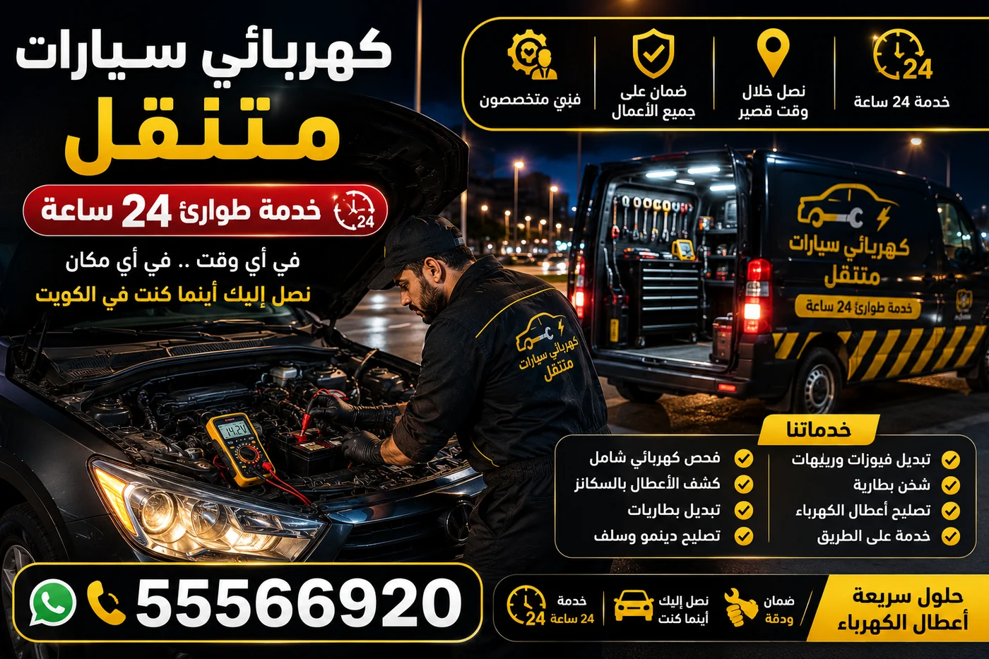 خدمة كهربائي سيارات متنقل طوارئ 24 ساعة في جميع مناطق الكويت