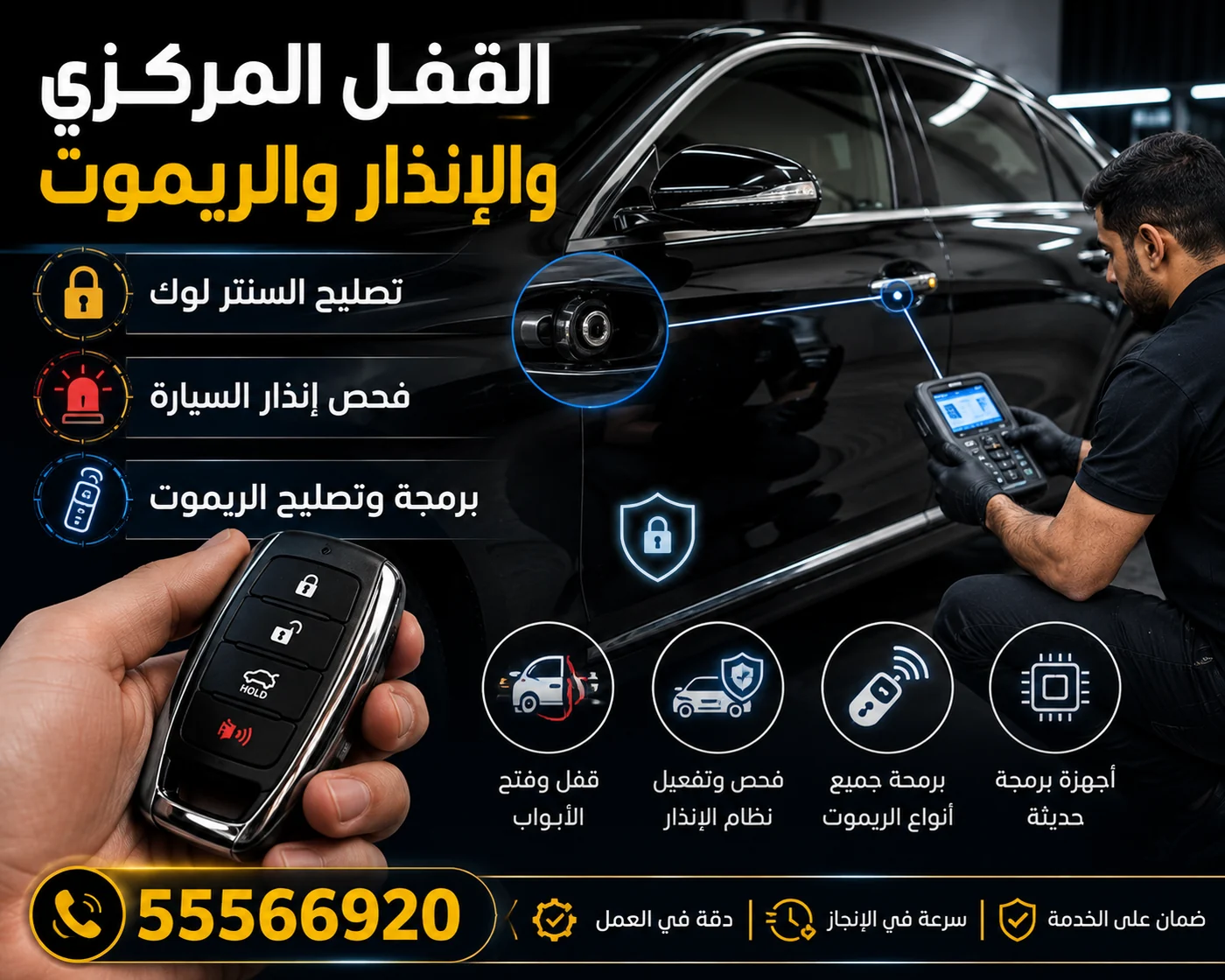 منظومة القفل المركزي والإنذار والريموت وفحصها في موقع السيارة