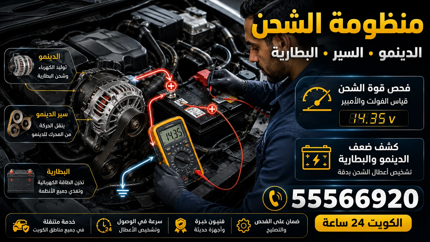 منظومة الشحن في السيارة: الدينمو وسير الدينمو والبطارية وقياس قوة الشحن