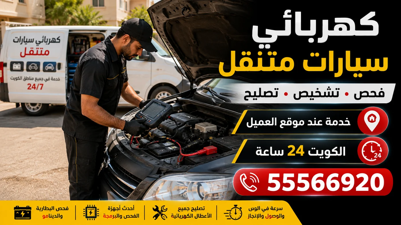 كهربائي سيارات متنقل في الكويت يفحص ويشخّص ويصلّح عند موقع العميل