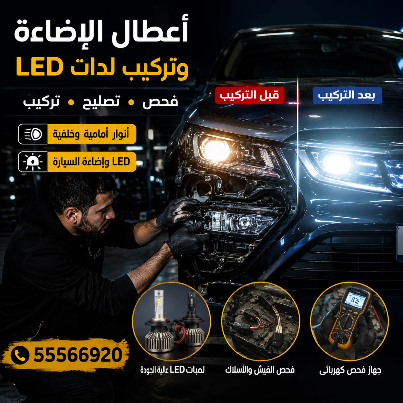 أعطال الإضاءة وتركيب لدات LED مع مقارنة الكشاف قبل التركيب وبعده