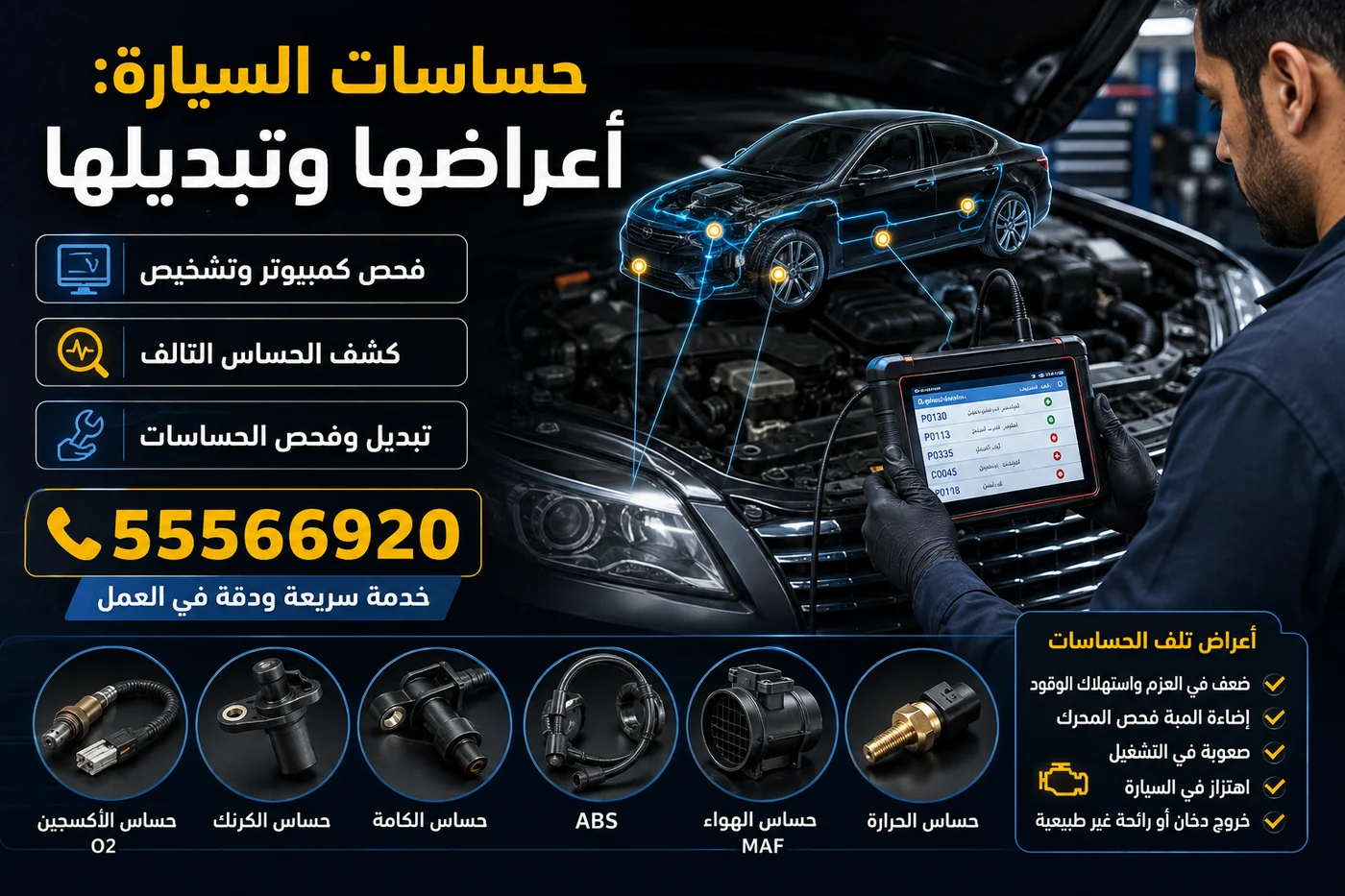 حساسات السيارة: الأكسجين والكرنك والكامة و ABS وحساس الهواء والحرارة وأعراض تلفها