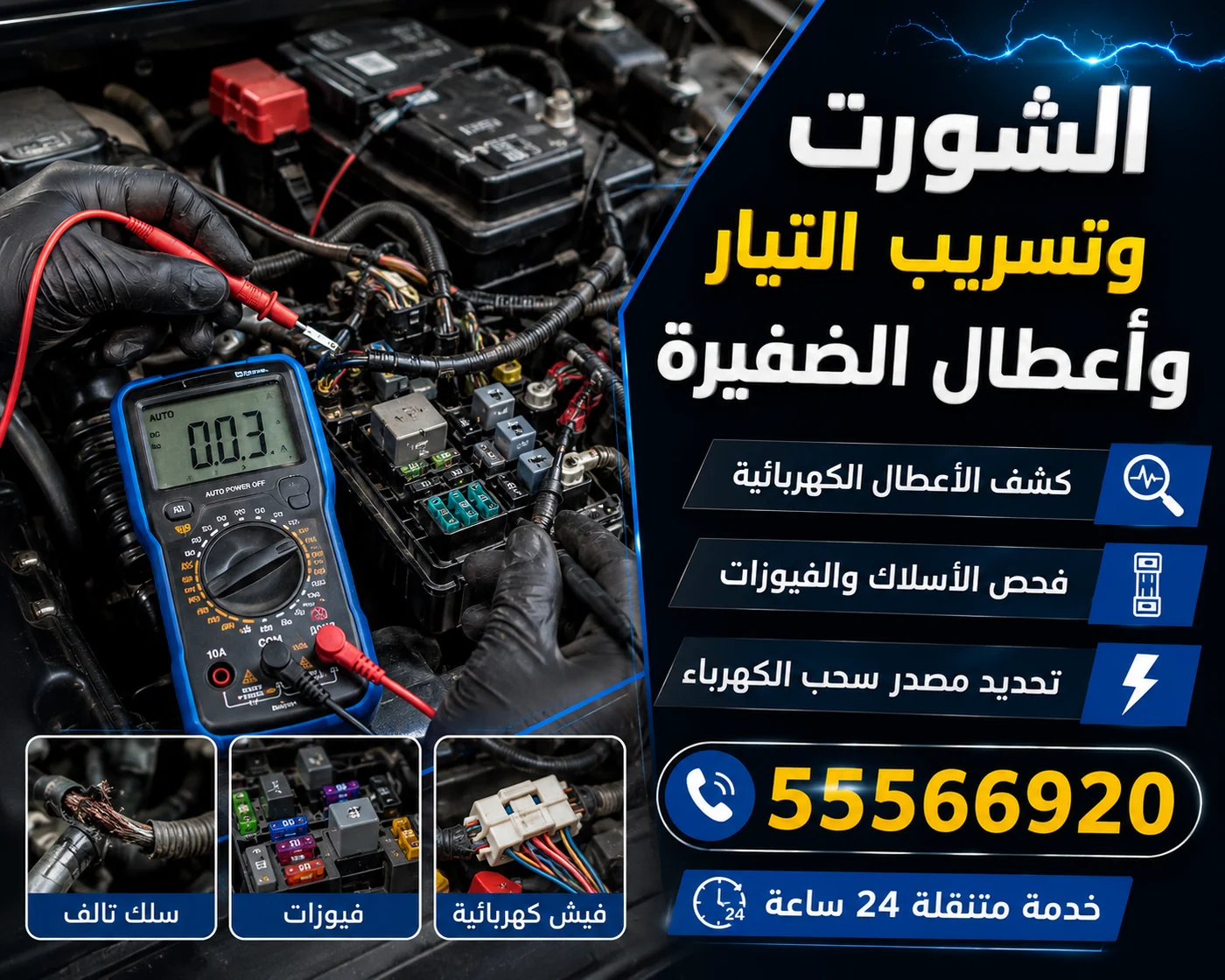 كشف الشورت وتسريب التيار وأعطال الضفيرة بفحص الأسلاك والفيوزات