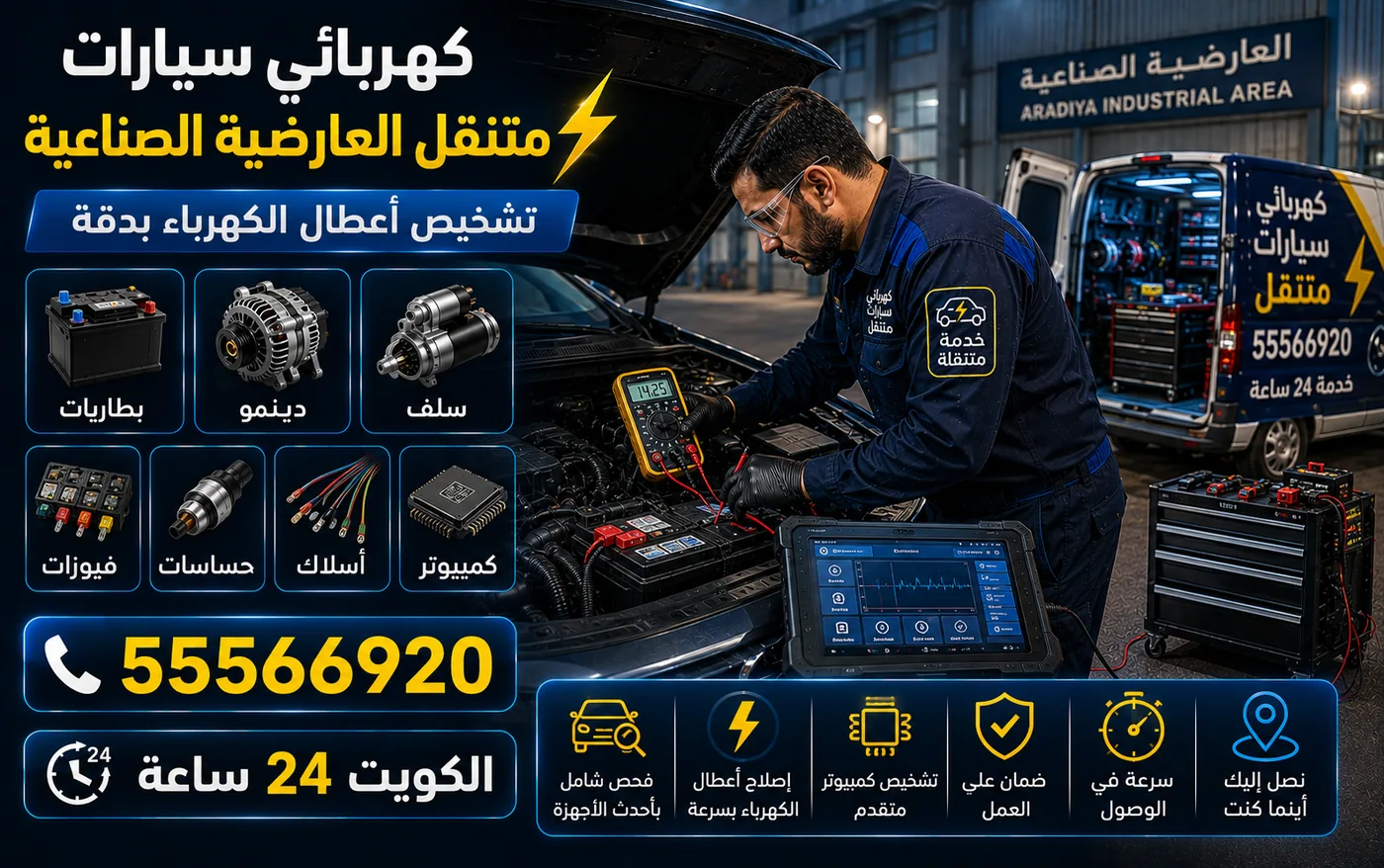 كهربائي سيارات متنقل في العارضية الصناعية: فني يفحص بطارية ودينمو وسلف السيارة بجهاز قياس ولابتوب تشخيص، وفان الخدمة المجهّز بجانبه