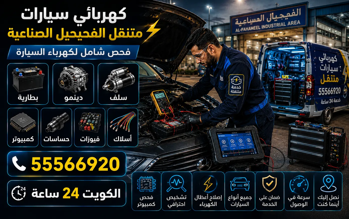 كهربائي سيارات متنقل في الفحيحيل الصناعية: فني يفحص بطارية ودينمو وسلف السيارة بجهاز قياس ولابتوب تشخيص، وفان الخدمة المجهّز بجانبه