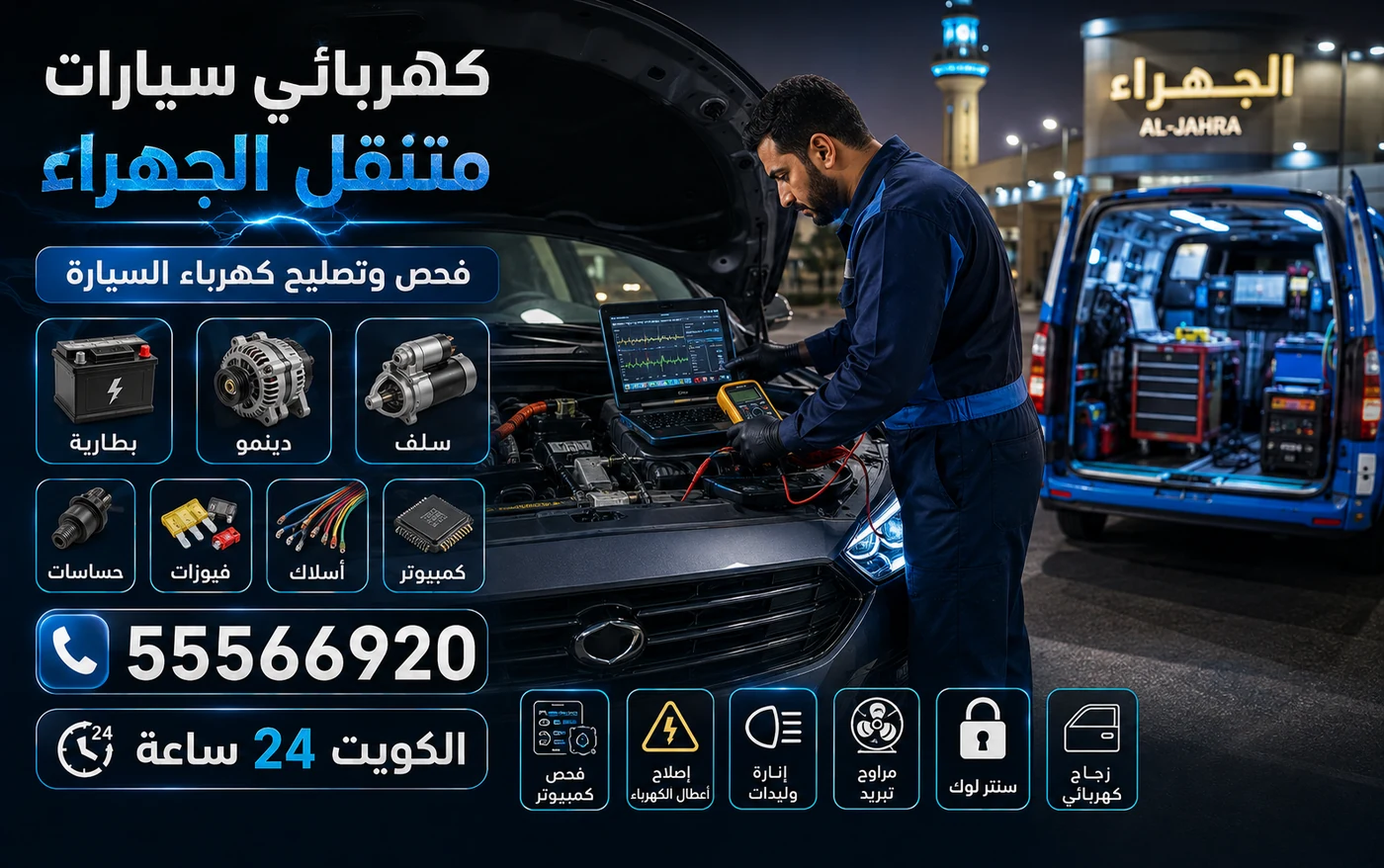 كهربائي سيارات متنقل في الجهراء: فني يفحص بطارية ودينمو وسلف السيارة بجهاز قياس ولابتوب تشخيص، وفان الخدمة المجهّز بجانبه