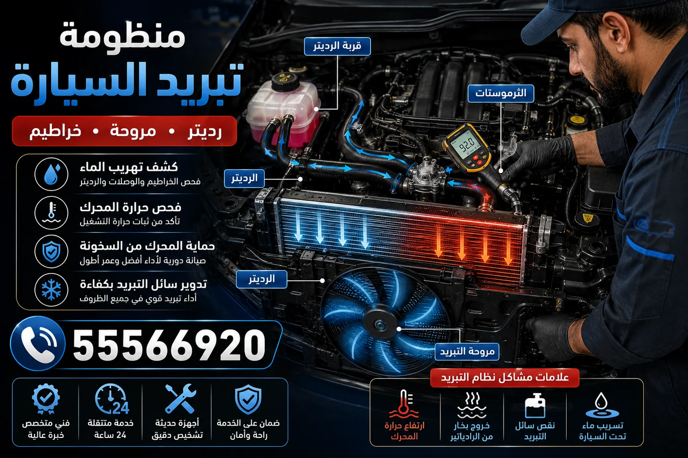 منظومة تبريد السيارة: الرديتر والمروحة والخراطيم والثرموستات وقربة الرديتر