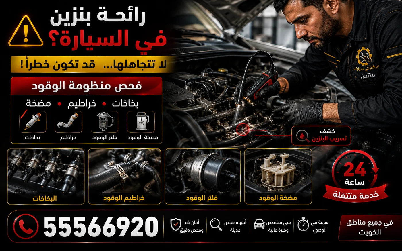 رائحة بنزين في السيارة وفحص منظومة الوقود: البخاخات والخراطيم والفلتر والمضخة