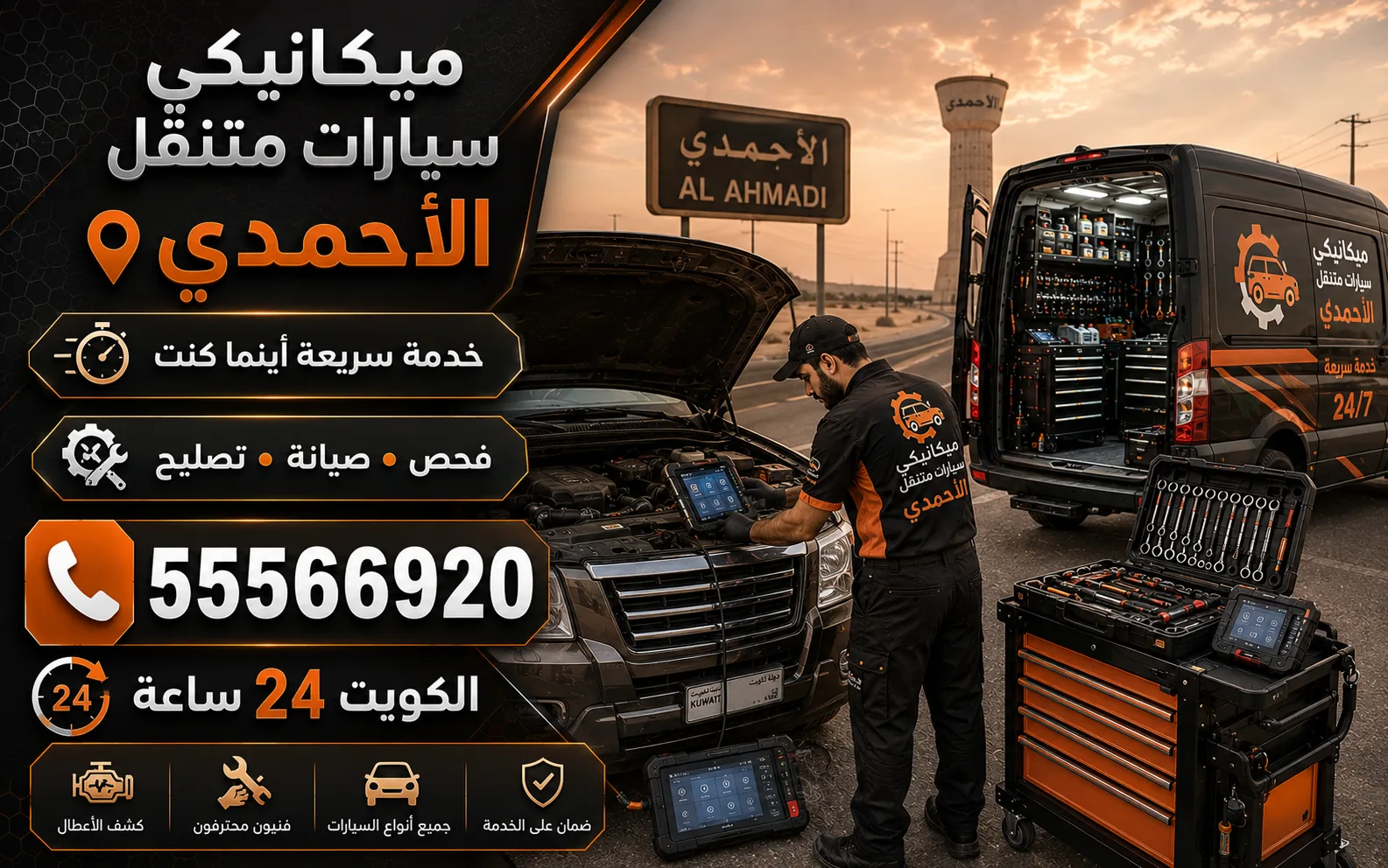 ميكانيكي سيارات متنقل في الأحمدي — فحص وتشخيص وتصليح أعطال المحرك والقير عند موقعك