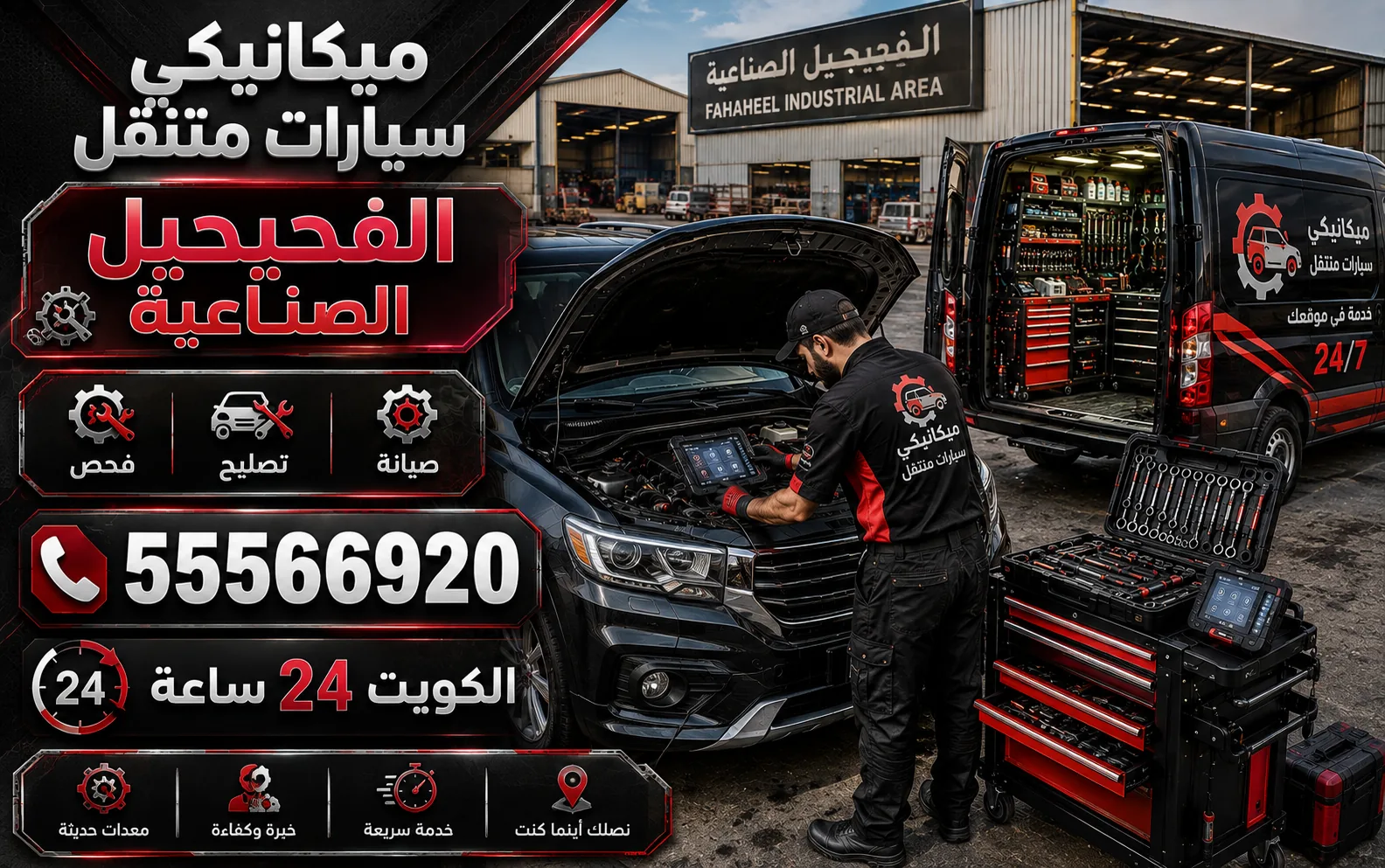 ميكانيكي سيارات متنقل في الفحيحيل الصناعية — فحص وتشخيص وتصليح أعطال المحرك والقير عند موقعك