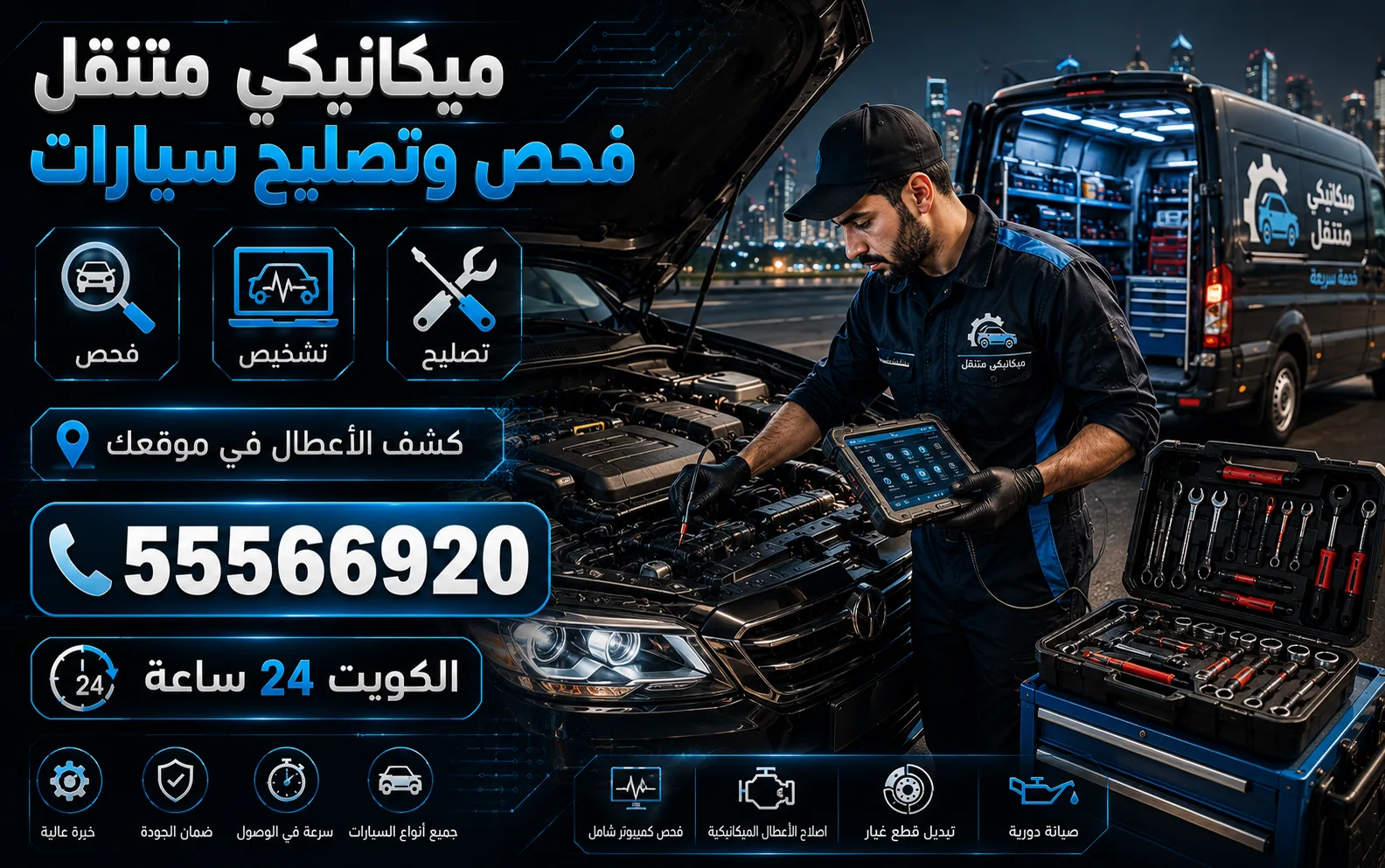 فحص وتشخيص وتصليح أعطال السيارة في الموقع — خدمة ميكانيكي سيارات متنقل في الرميثية (حولي)