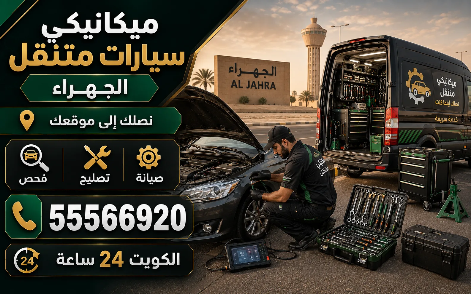 ميكانيكي سيارات متنقل في الجهراء — فحص وتشخيص وتصليح أعطال المحرك والقير عند موقعك