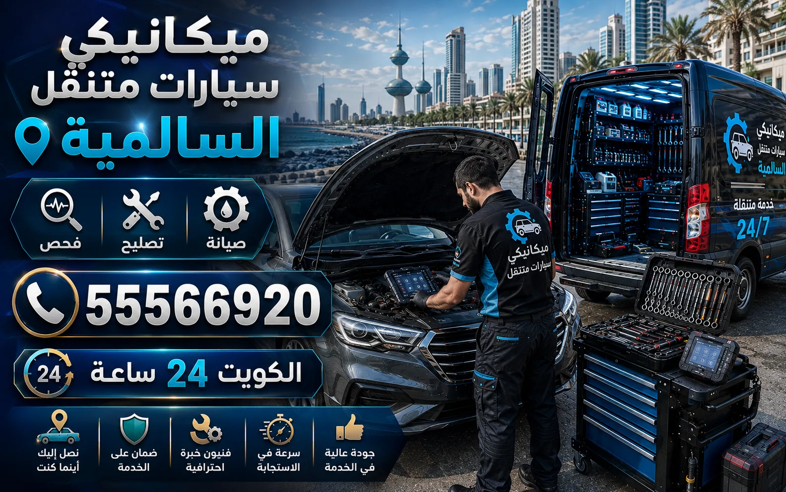ميكانيكي سيارات متنقل في السالمية — فحص وتشخيص وتصليح أعطال المحرك والقير عند موقعك