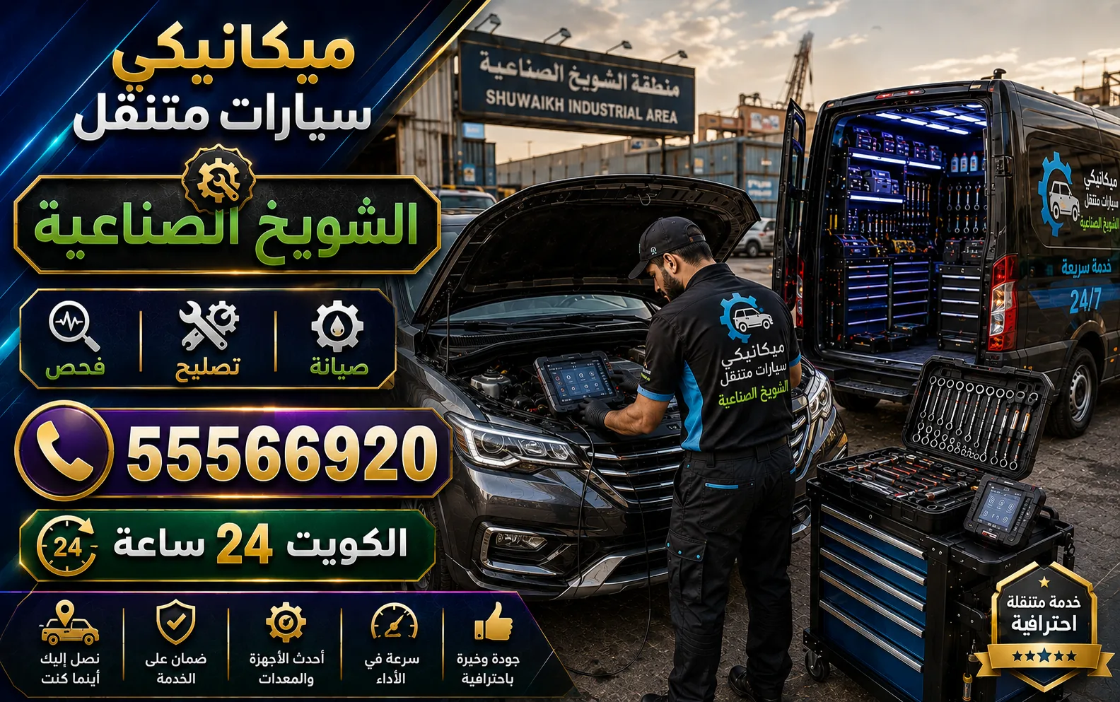 ميكانيكي سيارات متنقل في الشويخ الصناعية — فحص وتشخيص وتصليح أعطال المحرك والقير عند موقعك