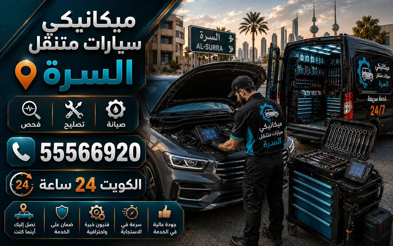 ميكانيكي سيارات متنقل في السرة — فحص وتشخيص وتصليح أعطال المحرك والقير عند موقعك