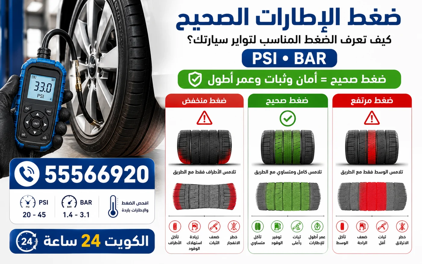 قياس ضغط الإطار بجهاز رقمي ومقارنة الضغط المنخفض والصحيح والمرتفع وأثر كلٍّ منها