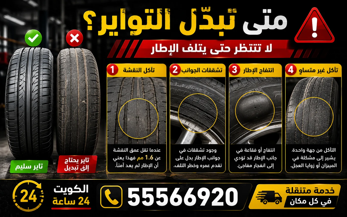 مقارنة تاير سليم وتاير يحتاج تبديل مع أربع علامات: تآكل النقشة وتشققات الجوانب والانتفاخ والتآكل غير المتساوي