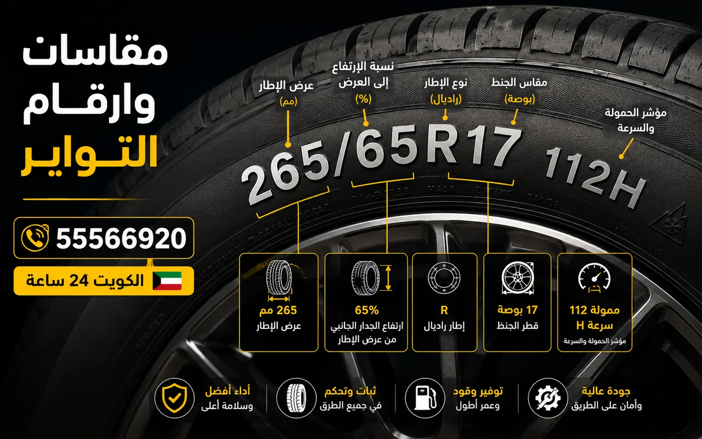 شرح أرقام ومقاسات الإطار 265/65R17 112H وعرض الإطار وقطر الجنط