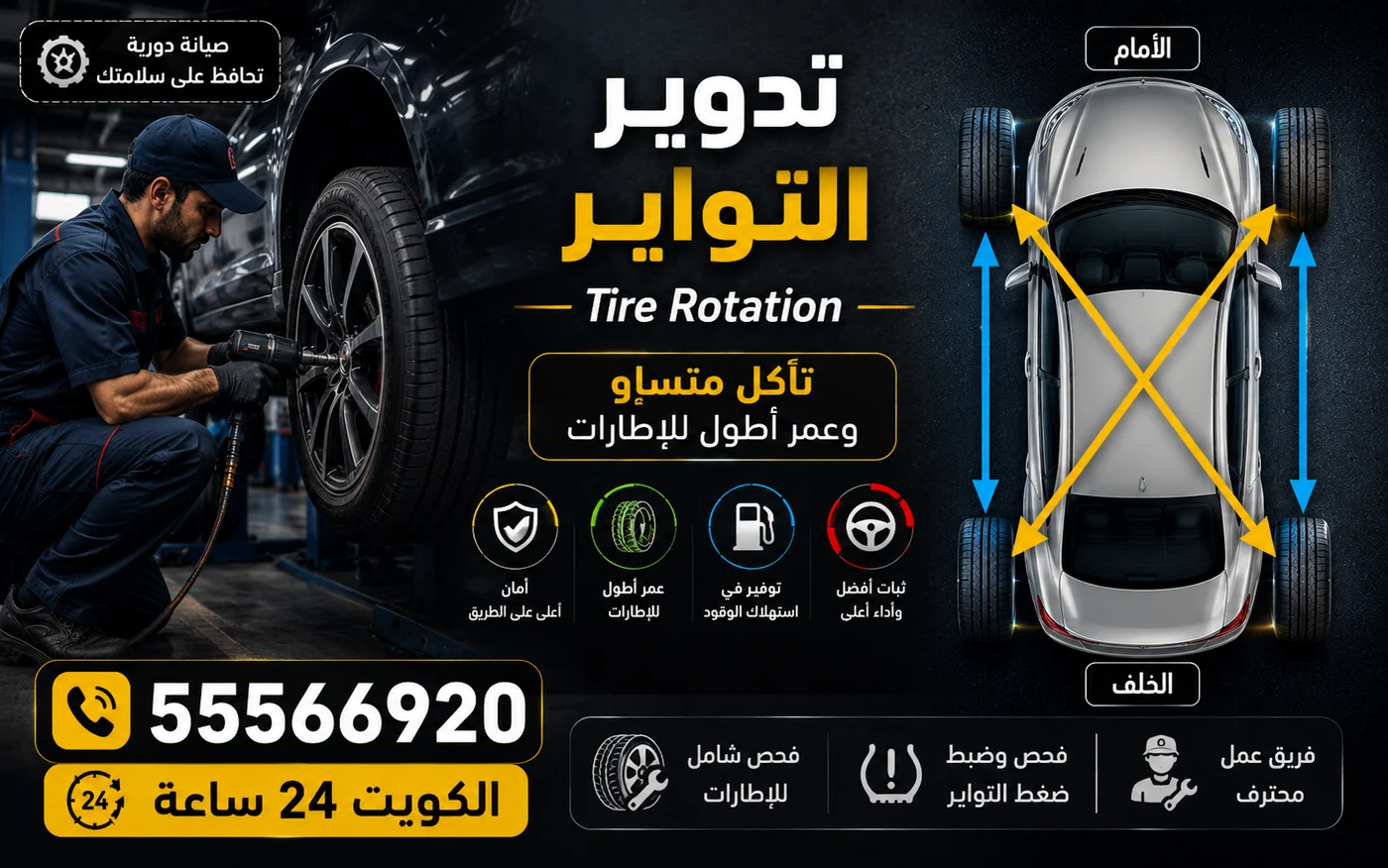 مخطط تدوير إطارات السيارة بين المحور الأمامي والخلفي